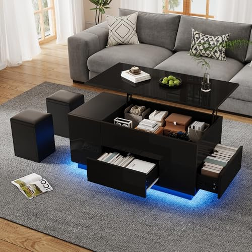 Lcoho 100x50x45cm Couchtisch 4-in-1 höhenverstellbarer Sofatisch mit LED,kaffeetisch mit 2 Schubladen,Hochglanztisch mit Sofa und 2 Hockern,Beistelltisch mit verstecktem Stauraum (Schwarz)