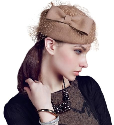 Lifup Fascinator Hüte für Damen Bowknot Pillbox Hut mit Schleier, Tea Party Kopfbedeckung, Stirnband Haarnadel Haarschmuck Hochzeit Kirche Braun