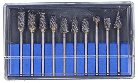 Rotating File, 10PCS Tungsten Carbide Cemented Double Cut Grinding Burr Grinder Head Set for Woodworking (Double Stripe Silver (Blue Box))