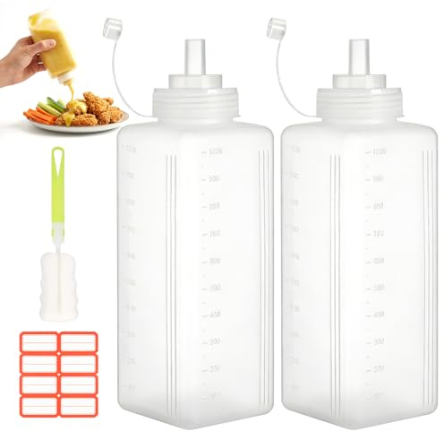 YPLANGENT Klämflaska 1 000 ml, 2 stycken, livsmedelssäker, klämflaska med lock och etiketter, läckagesäker praktisk såsdispenser för ketchup, olja, grill, målning med mera