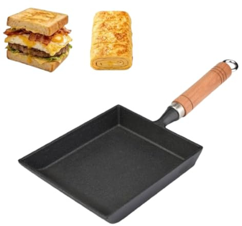 Kukyller Poêle Tamagoyaki, mini poêle à frire carrée antiadhésive en fonte japonaise, mini poêle à omelette en fer avec manche en bois pour steak camping