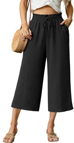 QIXING Pantaloni Capri da donna a 3/4, a vita alta, gamba larga, estivi, con tasche, coulisse regolabile, C Nero, L