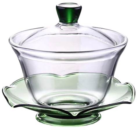 Genérico Taza de Té Sopera de Vidrio Transparente 10 Cm Diámetro 9 Cm Alto Tapa Verde Juego Tradicional Chino para Hogar Taza de Vidrio Tipo Sopera Elegante y Práctica