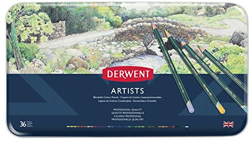 Derwent Artists Set di 36 Matite Colorate per Disegnare e Colorare, Ideali per Sfumature e Stratificazioni, Astuccio in Metallo Incluso, Qualità Professionale