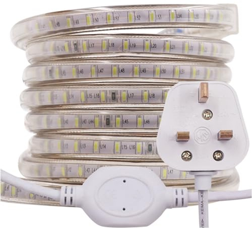 GQL 6m LED Strip AC 220V 240V IP65 Waterproof 3014 SMD 120LEDs/m Commercial Rope Light, Cold White Ribbon for Home Kitchen Cabinets Ceiling Garden Decoration UK Plug