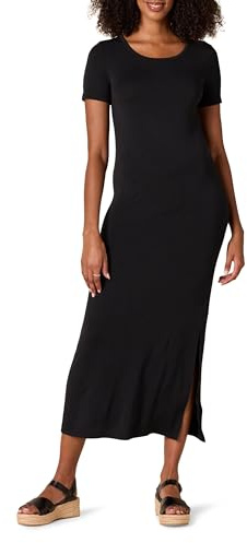 Amazon Essentials Women's Jersey Standard-Fit Short-Sleeve Crewneck Side Slit Maxi Dress, Black, Large
