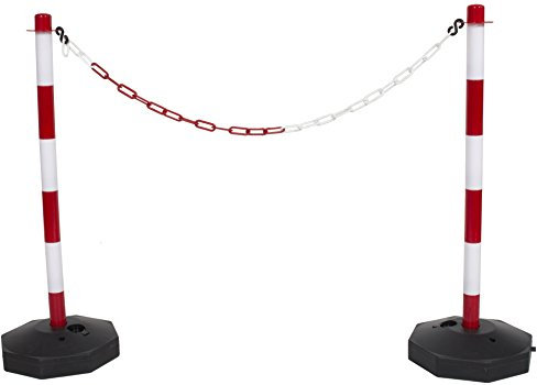 Red & White Plastic Chain 2 Post Set Demarcation Safety Chain Barrier Post Pole with Base and 3mtr Plastic Chain