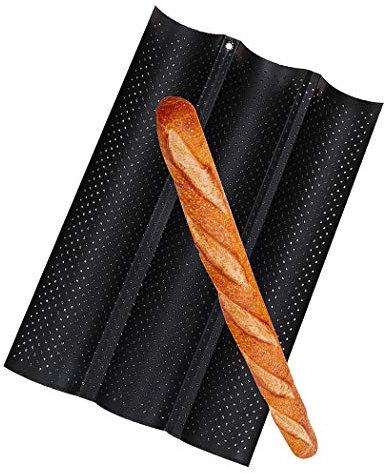 SIPLIV Moule à baguette perforé antiadhésif 15 po x 9,6 po pour la cuisson du pain français Moule à pain 3 vagues Moule à pain Four Grille-pain, noir