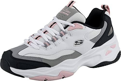 Skechers Damen D'lites 4.0 Fresh Diva Sneaker, White Leather Mesh Black Pink Trim, 40 EU