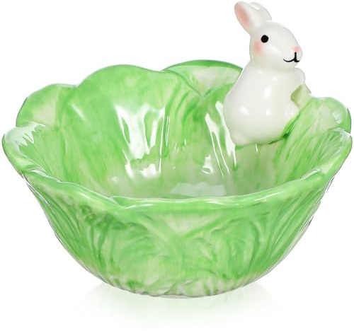 Holibanna Cute Cartoon Cabbage with Rabbit Shaped Bowls Ceramic Easter Bunny Salad Soup Bowls for Cooking Lovers Green 15cm