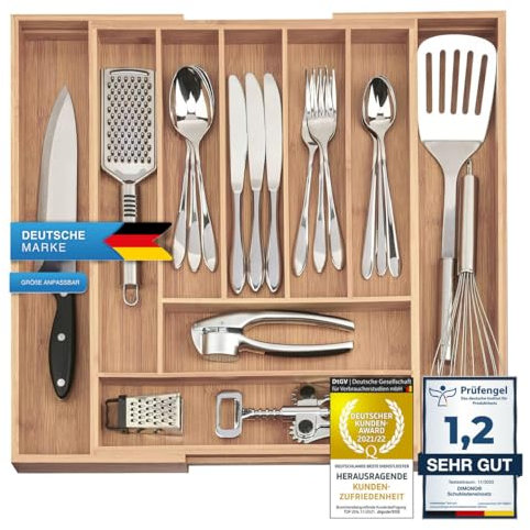 Dimono® Schubladeneinsatz Besteckeinsatz aus Bambus-Holz Schubladen; 7-9 Fächer Ordnungssystem Flexibler Organizer Ausziehbare Schublade für Küche, Büro, Bad & Werkstatt (Ausziehbar bis 50 cm)