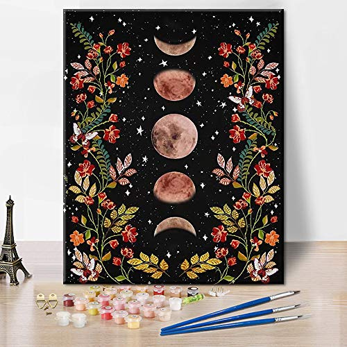 TISHIRON Moonlit Garden Malen nach Zahlen Mondphase Umgeben von Reben und Blumen Schwarzes Kit für Erwachsene Kinder Einzigartiges Geschenk 16x 20 Frameless