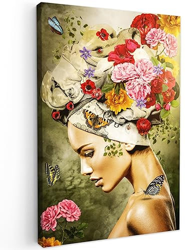 MuchoWow Leinwand Bilder, Einzigartige Wanddeko mit Rahmen, Frau - Blumen - Farben - Schmetterlinge - Rosen - Kopftuch, Wandbilder Wohnzimmer, Deko Schlafzimmer 60x90 cm