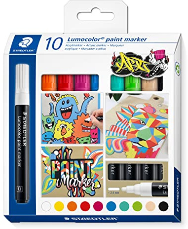 STAEDTLER Lumocolor 349 Acryl-Marker – 10er-Set, 2,4 mm | Rundspitze, permanent auf Papier, Glas, Metall & Holz – wasserbasiert – Art.-Nr. 349 C10