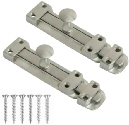 4 Inch Flat Door Bolts Satin Chrome Plated Bolt Door Latches Tower Bolt Sliding Lock Flat Slide Safety Door Barrel Bolt with Screws Pack of 2.