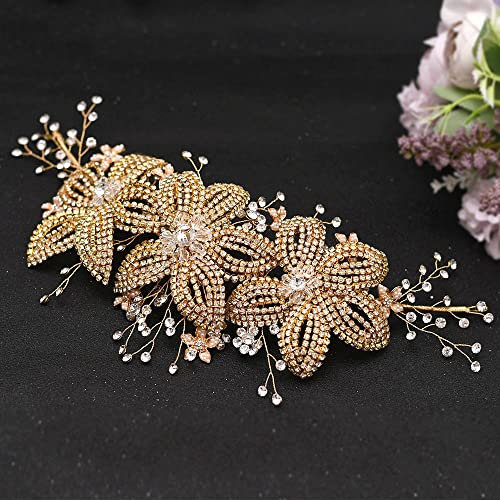 Haarschmuck Hochzeit Blumen Gold Damen Kopfschmuck aus Strass für Braut Brautjungfern Brautschmuck Haare Mädchen Party Haar Schmuck mit Haarspangen, Gold