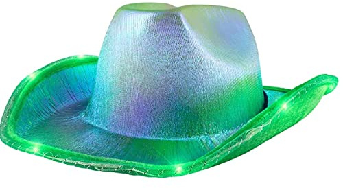 LEEMASING unisex cowboyhatt lyser upp blinkande LED-brätte rolig upplyst hatt för bröllop bal födelsedagsfest halloween (grön)