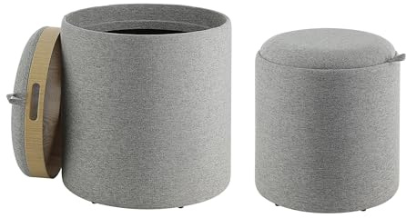 EGLO LIVING 2er Set Hocker mit Stauraum Mashike, Sitzhocker mit Ablage, runde Couch Beistellhocker, Pouf aus Textil in Grau und Holz-Funier in Eiche, Ø 39 cm