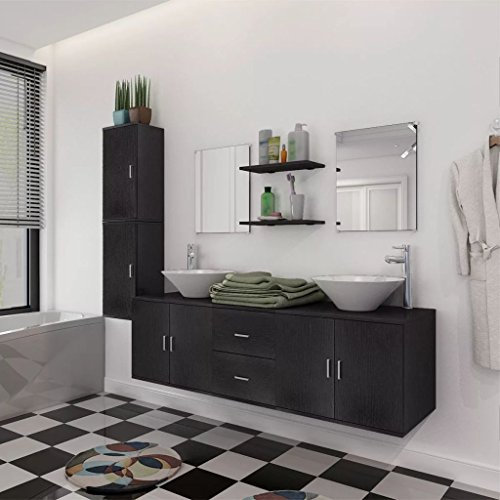 XIAOGUANG 11-TLG. Badmöbel-Set mit Waschbecken und Wasserhahn, Badezimmer Möbel, Waschtisch Set, Schwarz