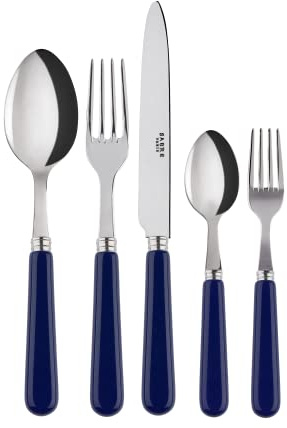SABRE PARIS - Tafelbesteck-Set, 5-teilig - Pop - Messer, Gabel, Esslöffel, Teelöffel & Kuchengabel - Edelstahl & Acryl - Spülmaschinenfest - Marineblau