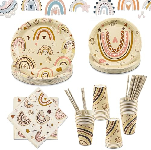Boho Babyparty Deko Mädchen, 125 STK Regenbogen Pappteller Kindergeburtstag für 25 Gäste, Partygeschirr set Baby Shower Pappteller Pappbecher Servietten Strohhalme
