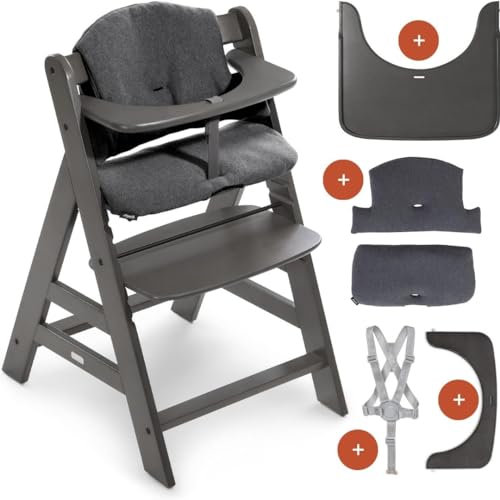hauck Hochstuhl Alpha+ inkl. Tablett & Sitzpolster - Mitwachsender Babystuhl aus Holz, Kinderhochstuhl ab 6 Monate, verstellbar - Charcoal