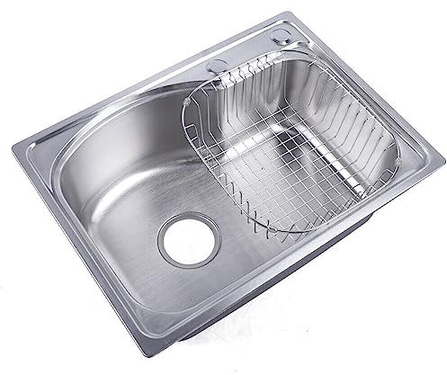 TRIEBAN Évier de cuisine encastrable en acier inoxydable - 1 bac argenté - Avec panier de drainage + armoires inférieures - 65 x 44 cm