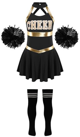 TiaoBug Mädchen Cheerleading Tanzkleid ärmellos + Armband + Socken Kinder Hip-Hop Jazz Cheer Leader College Strümpfe Wettkampf Outfits Q Schwarz-Weiß C 134-140