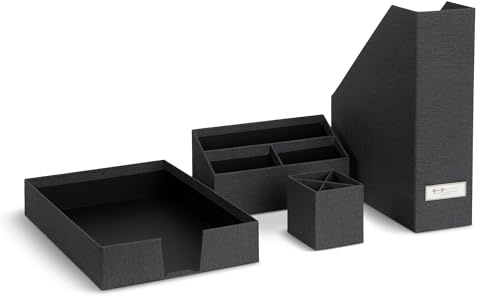 BIGSO HUGO 4-teiliges Schreibtisch Set mit 1 Stehsammler, 1 Stifthalter, 1 Sortierkasten und 1 Box ohne Deckel – Ordnungssystem aus Faserplatte und Papier in Leinenoptik – schwarz