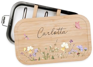 Bärenfreunde - Personalisierte Brotdose für Kinder mit Spezial-Druck - Robuste Edelstahl Brotdose - Personalisierte Geschenke für Kinder & Erwachsene (Blumenwiese,klein Edelstahl)