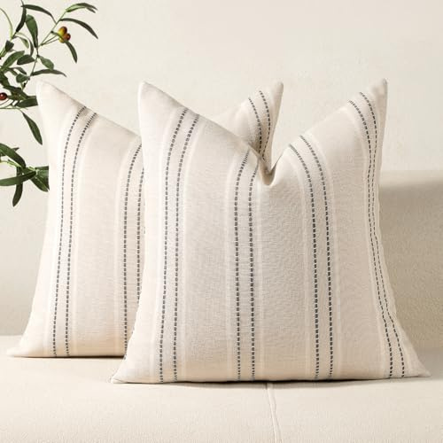 Hckot Decorative Pillow Covers 18x18 Striped Throw Pillows Textured Linen Pillow Covers Farmhouse Decor Cushion Covers for Couch Bed Living Room, Grey