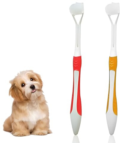 2 Stück Zähne Putzen Hund Hundezahnbürste Katzenzahnbürsten Hundezahnbürste für Haustierzahnpflege Dreifach Kopf Zahnbürste Für Einfache Mundpflege (Rot und Gelb)