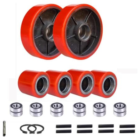 Jeu de roulettes pour transpalette Roues directrices 180x50mm Paire, Rouleau de charge avant 80x60mm 4pcs avec roulements ID 20mm pour transpalette Noyau en fer Double roulement Roues en PU 6 PCS