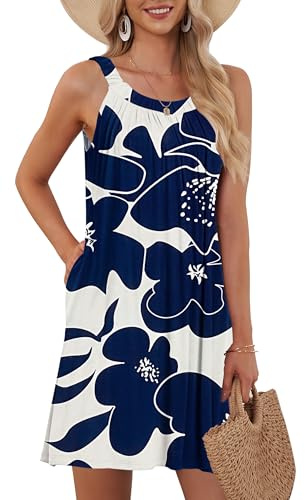 AUSELILY Robes De Plage sans Femme Manches pour Femmes Robes Courtes Décontractées pour Les Vacances Fleur Blanche Marine M