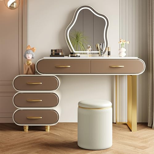 Tavolo da trucco con specchio e luci, Toeletta con Tavolo da Trucco a Specchio, Set da toeletta con Sgabello Imbottito, Tavolini da Toilette per Camera da Letto per Donne e Ragazze(110cm/43.3in)