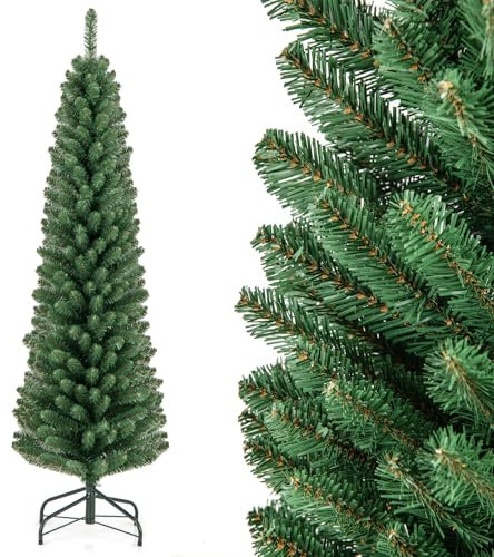 GYMAX 150 cm Albero di Natale Slim, 295 Rami in PVC, Folto e Realistico, Base Pieghevole in Metallo, Montaggio Facile (Stile 7)
