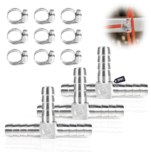 SUPAWAY Lot de 3 raccords à 3 voies 8 mm, connecteurs de tuyau en acier inoxydable 304, adaptateurs avec 9 colliers de serrage pour tuyau de gaz, carburant, eau, huile, air, raccord pour tuyaux