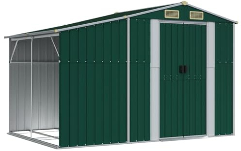 KOIECETA Gerätehaus Gartenhaus mit Schrägdach Griffe Gartenschuppen Schuppen mit Stauraum Geräteschuppen Metallschuppen Grün 277x192,5x179 cm Verzinkter Stahl