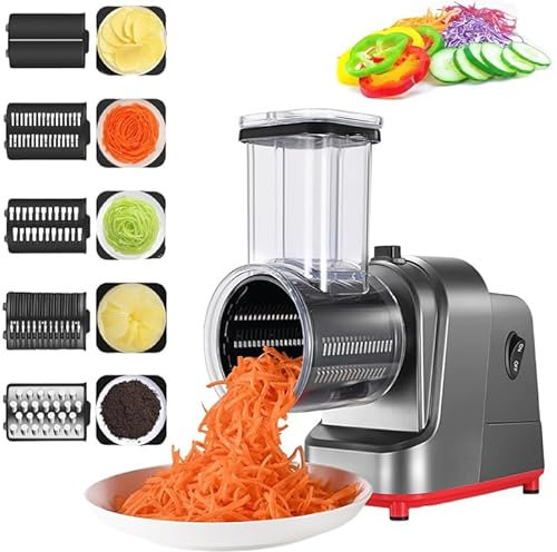 MIAOLLUN Electric Cheese Grater, 250W Electric Slicer Grater Salad Maker with 5 Versatile Blades, Electric Salad Machine for Fruits, Vegetables, Cheese And Nuts
