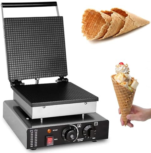 Commercial Waffle Cone Maker – 1750W Electric Ice Cream Cone & Egg Roll Machine, 50-300°C Adjustable Temperature, Non-Stick Surface, 1-5 Min Timer for Home & Business Use Square