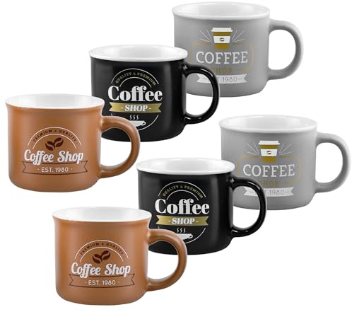 Annastore 6-tlg. Set Espressotassen mit Henkel im Vintage-Look 90 ml - 3 Farben / 3 Modelle - Kleine Kaffeetassen für Espresso - Espressotassen aus Keramik mit Henkel