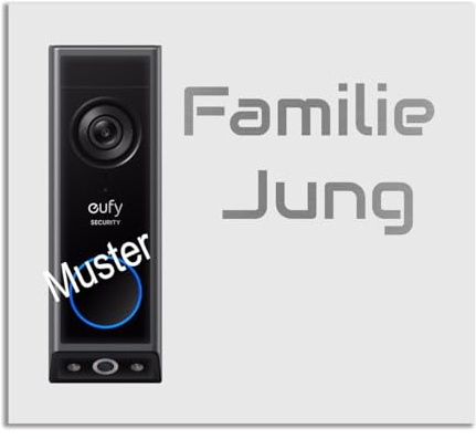 Jung Edelstahl Design Türschild für Eufy E340 aus V2A Edelstahl - Klingelschild 18x20 cm oder 22x10 cm Haustürschild mit Namen personalisierbar (Weiß, 18x20 cm)