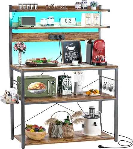 iSunirm Bäckerregal mit Steckdose, Mikrowellenständer, 5-stufige Kaffeebarstation mit LED-Leuchten, Küchenregal mit 6 S-förmigen Haken, Küchenregal für Gewürze, Töpfe und Pfannen, Braun
