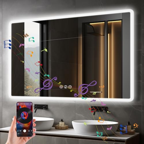 Ratsamee Bluetooth Badezimmerspiegel mit Beleuchtung LED, 70x100cm Spiegel mit Light, Wandspiegel mit Frontbeleuchtung, Antibeschlag, Dimmbar, mit 3 Einstellbaren Lichtfarben