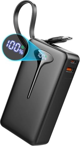 Power Bank 10000mAh, Powerbank 3A Ricarica Rapida USB C Ingressi e Uscite, Potente e Sottile Caricatore Portatile con Cavi Integrati, Caricabatterie Portatile per iPhone Samsung Cellulare Tablet ecc