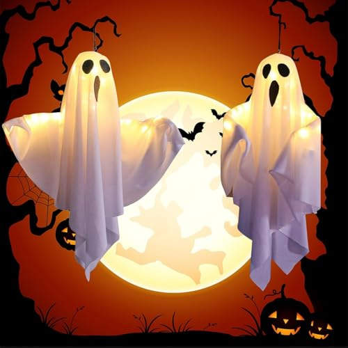 Lypumso Halloween Deko Geister, 2 Stück Halloween Dekoration Hängende Geist LED Lichter mit 3 Beleuchtungsmodi, Decoration Geist Außen Innen für Garten, Balkon, Terrasse, Party, Veranda, Baum-Weiß