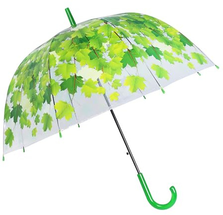Leaf Wind Resistant Clear Dome Umbrella with Stick, green, 葉