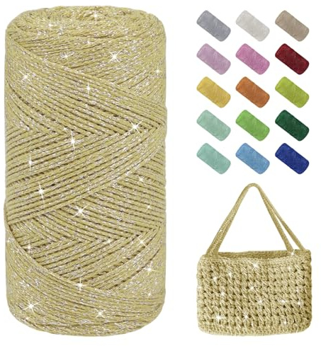 Uiopa Glitzer Häkelgarn für Taschen, Makramee Garn 1,5mm x 280m Baumwollgarn zum Häkeln und Stricken, Polyester Rope Garn für Taschen, Körbe, Dekoration, DIY-Projekte