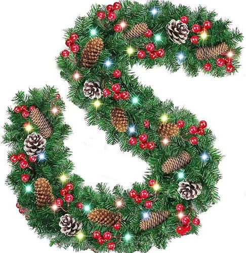 2.7m Christmas Garlands with Pine Cones Berries Flax Bows Artificial Xmas Garland for Door Stairs Fireplaces Christmas Wreath Garland