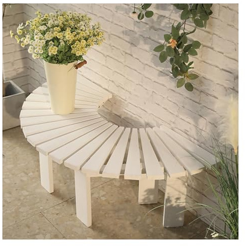 Trädbänk Med Omgivning Utomhus, Dekorativ Böjd Sittstol, Trädgårdsbalkongblomstativ, Väderbeständig Randig Träskarvning, For Uteplatslandskap(White)